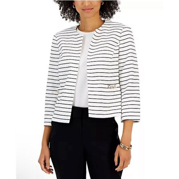 Kasper Open-Front Blazer Jacket Women's Size 8 White Collarless Black Striped - Picture 1 of 12